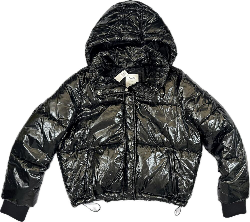 New GAP Cropped Puffer Jacket Sz XL Glossy Black Liquid Shine Hooded Coat